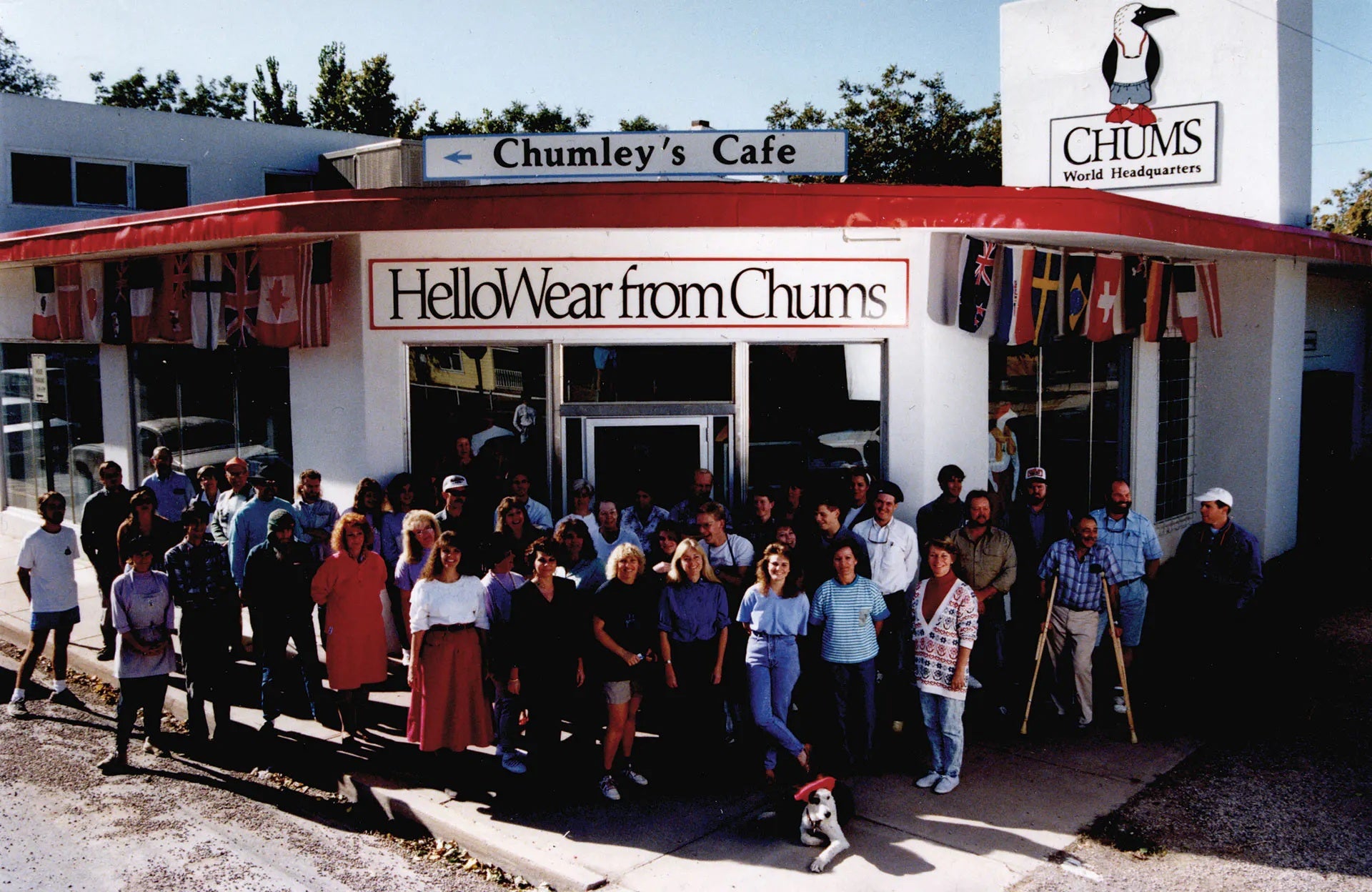 Chums office showing all of Chums employees. HelloWear from Chums. Chums World Headquarters. Chumley's Cafe.
